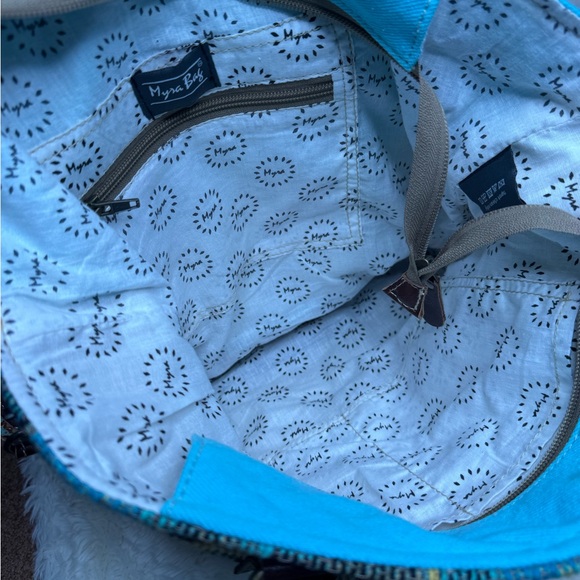 NWT Myra Curation Tote Bag Cotton Leather Turquoise Blue Brown Western Aztec - Picture 9 of 11